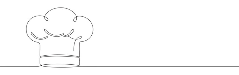 Continuous line drawing of a chef's hat, symbolizing cooking, culinary arts, and professional cuisine, isolated on a white background.
