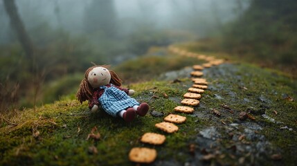 Path of cookies leading into dark forest with rag doll beside it, illustration for fairy tale "Hansel and Gretel"