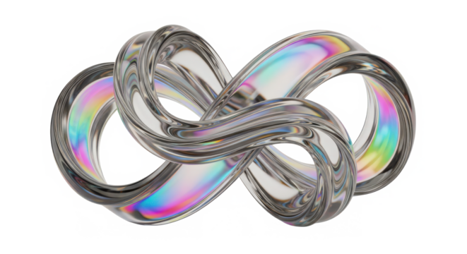 A shimmering iridescent glass infinity symbol sculpture with intricate twists and curves isolated on transparent background