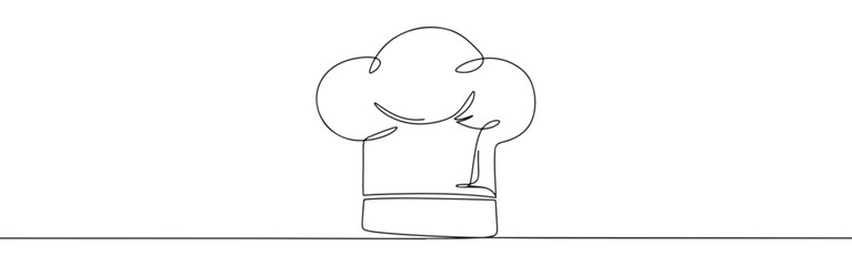Continuous line drawing of a chef's hat, symbolizing cooking, culinary arts, and professional cuisine, isolated on a white background.