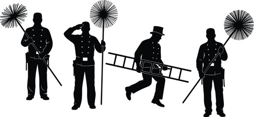 Obraz premium Silhouette vector illustration of chimney sweeps with brushes, ladders, traditional uniforms, cleaning chimneys, safety, maintenance, repair, heritage, profession, and industry