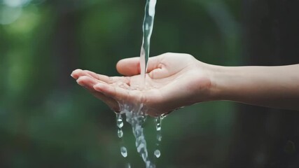 Close-up of a human hand catching flowing clear water, refreshing and pure, natural green bokeh background, symbol of life and balance