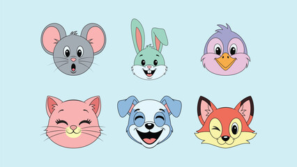 Adorable Cartoon Animal Faces For Kids' Designs And Creative Projects, Including Mouse, Rabbit, Bird, Cat, Dog And Fox