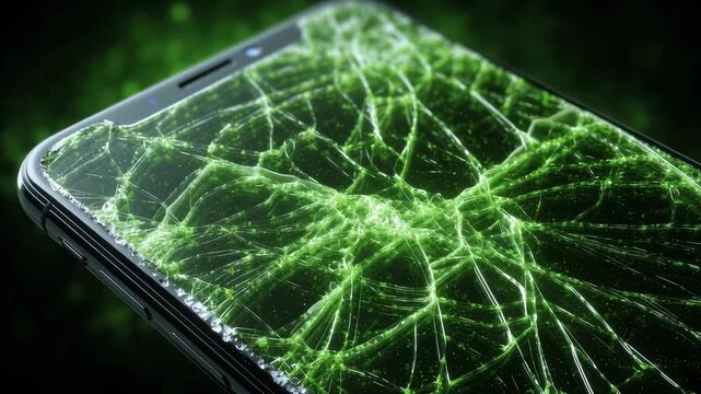 Close-up of a smartphone screen with a broken glass displaying a vibrant green pattern background