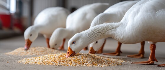 Ducks are actively foraging for grass close to a rustic wooden shelter in a peaceful countryside scene under soft afternoon light