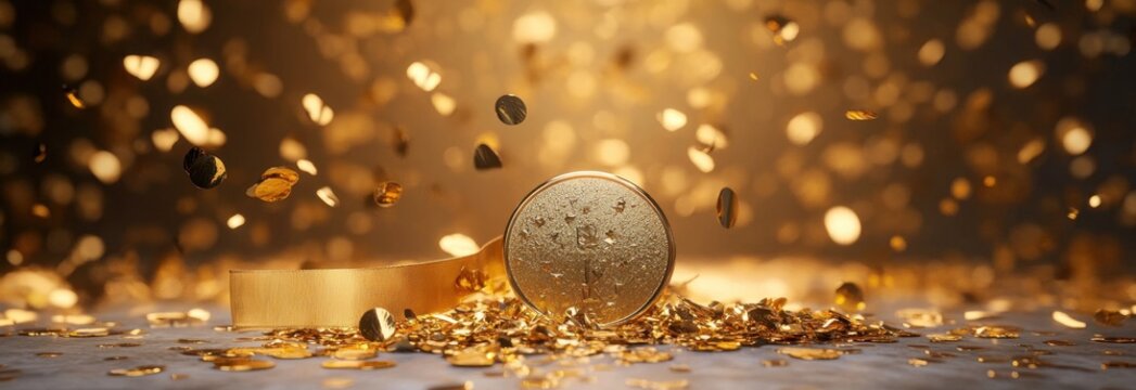 Golden medal surrounded by falling coins in celebratory scene