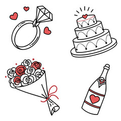 Wedding doodle set with ring, cake, flowers, and champagne perfect for design projects