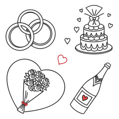 Wedding doodle set with rings, cake, flowers, and champagne perfect for wedding decor