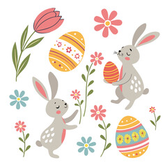 Cute easter illustration with bunny, flower and egg for holiday design