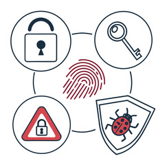 Cyber security concept showing fingerprint, lock, key, shield, and warning sign