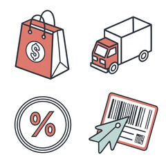 Online shopping concept showing shopping bag, delivery truck, discount, and barcode