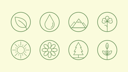 Modern Eco Icons Representing Nature Elements For Sustainable Branding And Environmental Design Projects