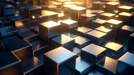 A geometric pattern of metallic cubes glows, highlighting reflections and warm light play - Powered by Adobe