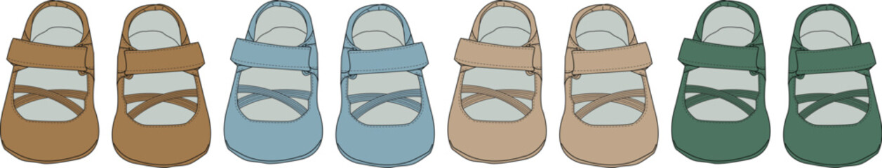 Collection of cute and colorful baby shoes displayed in a row, perfect for infant fashion and footwear