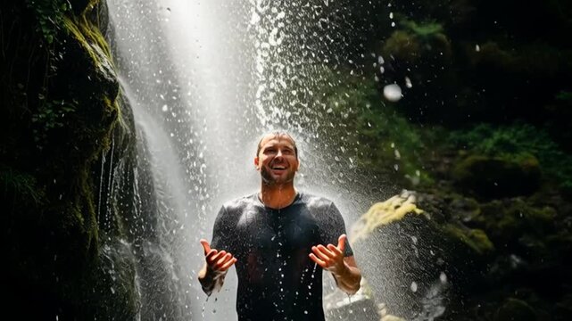 Man finds refreshing bliss under a cascading waterfall, embracing nature's pure, exhilarating shower in a vibrant, verdant forest setting