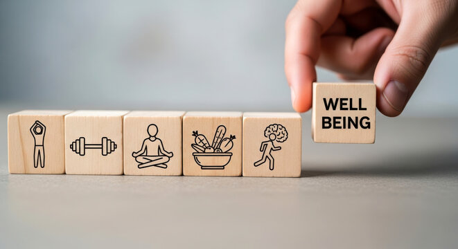 Hand placing wooden block with wellbeing text on health and wellness icons