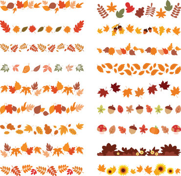 Huge Vector Set of Autumn Decorative Borders. Ready-to-use dividers and trims with leaves, acorns, and mushrooms. Perfect for cards or web.