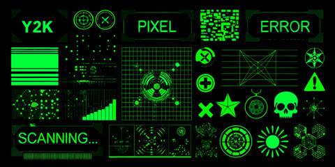 Futuristic neon green digital interface elements and icons on a black background