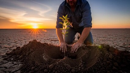 Hope blooms as a man plants a young tree in parched land at sunset, symbolizing renewal and environmental action for a sustainable future, perfect for Earth Day campaigns and conservation efforts