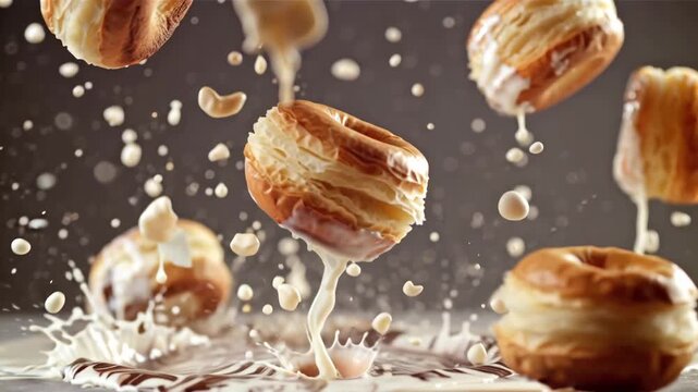Fresh delicious profiterole with chocolate slow motion