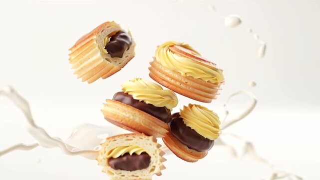Fresh delicious profiterole with chocolate slow motion