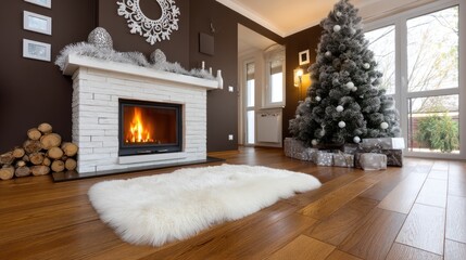 A warm and inviting holiday setting features a sparkling tree, a glowing fireplace, and presents neatly arranged on the floor