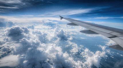 Obraz premium Airplane wing soaring above fluffy clouds in a bright blue sky during a flight. View from an airplane window showcasing the wing and a sea of clouds below, creating a sense of freedom and travel.