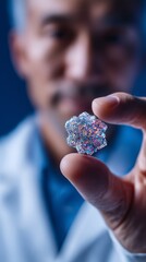 Person in lab coat holds glowing crystalline quantum computer core. A simple, minimalist composition to showcase future technology.