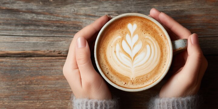 Close-up of female hands gently holding a ceramic cup of cappuccino with heart-shaped latte art, resting on a rustic wooden table. The cozy sweater sleeves suggest warmth and comfort, creating a calm  - Powered by Adobe