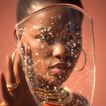 Woman with gold jewelry, light shield, pale coral gradient. A confident entrepreneur overcoming digital or abstract challenges.