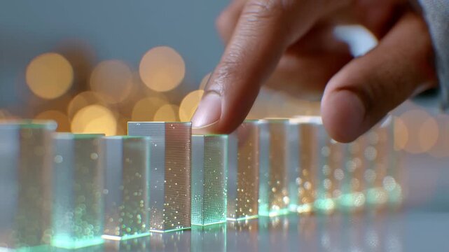 Close-up on hand placing final glowing green block on 3D chart. Visualize future business growth and success with 3D bar charts.