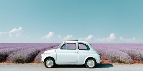 White vintage car parked on a dirt road beside endless blooming lavender fields under a clear blue sky. The vibrant colors and retro vehicle evoke a nostalgic, dreamy summer vibe in the countryside.