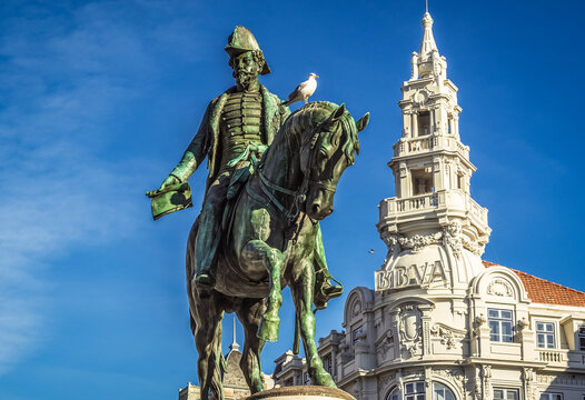 Equestrian statue of King Peter IV The Liberator on Liberty Square in Porto, Portugal