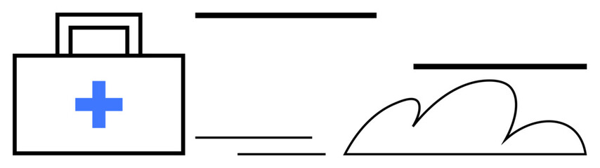 Obraz premium First aid kit with a blue cross, minimal cloud lines. Ideal for health, emergency, medical care, safety, wellness, preparedness healthcare. Clean simple flat metaphor