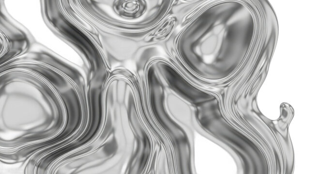 Abstract swirling metallic liquid chrome texture with organic fluid shapes and flowing curves isolated on transparent background