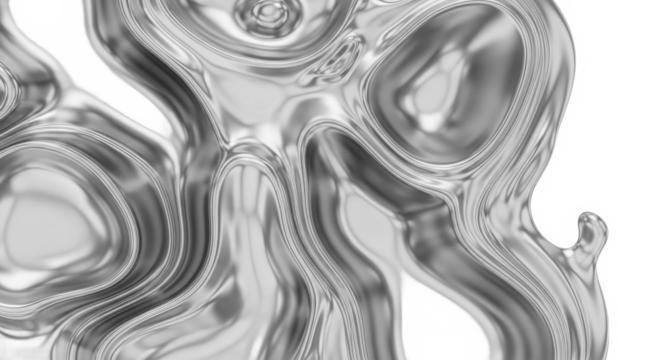 Abstract swirling metallic liquid chrome texture with organic fluid shapes and flowing curves isolated on transparent background