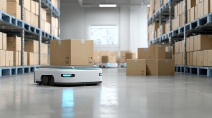 Autonomous delivery robot navigating a modern warehouse with cardboard boxes on shelves and polished concrete floors in a spacious distribution center