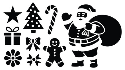 christmas silhouette icon set — festive black vector symbols including santa with sack, tree, gift, candy cane, snowflake, gingerbread