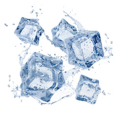 Obraz premium Ice cubes and splashing water in air on white background