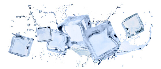 Obraz premium Ice cubes and splashing water in air on white background