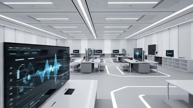 Futuristic modern technology office interior with computer workstations and sleek lighting