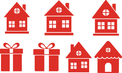 Christmas houses icons, festive red silhouettes, holiday gift boxes, winter celebration, seasonal decorations, vector illustration, Christmas design, festive elements, holiday symbols, graphic set