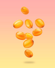 Fresh sea buckthorn berries in air on color gradient background