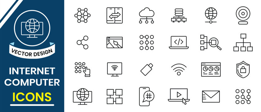 Internet computer icon set. Network diagram, router, switch, internet service computer, network, website, server, web design, hardware, software and programming. Vector illustration.