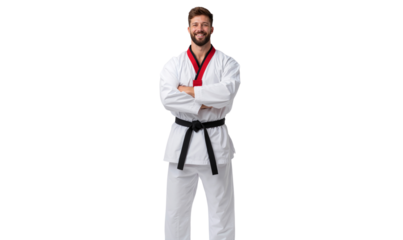 Confident and smiling male martial artist in a white taekwondo uniform with a black belt and red trim
