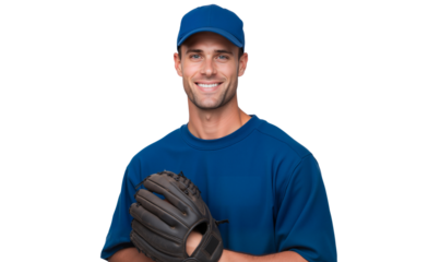 Smiling baseball player in a blue uniform and cap, holding a glove, isolated on transparent background
