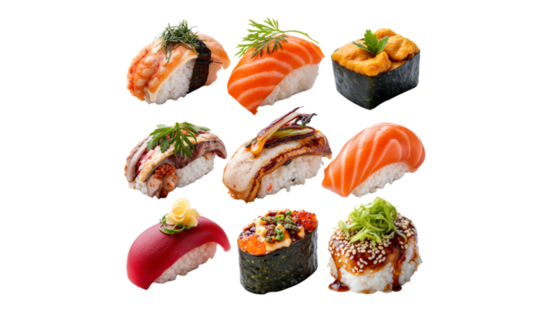 Assortment of various sushi and sashimi pieces, featuring fresh seafood, rice, and garnishes, isolated on transparent background