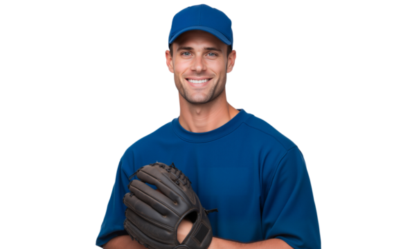 Smiling baseball player in a blue uniform and cap, holding a glove, isolated on transparent background - Powered by Adobe