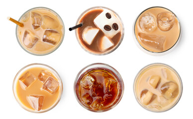 Iced coffee drinks isolated on white, set. Top view