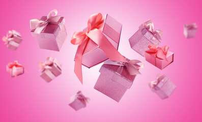 Gift boxes flying in air on pink gradient background